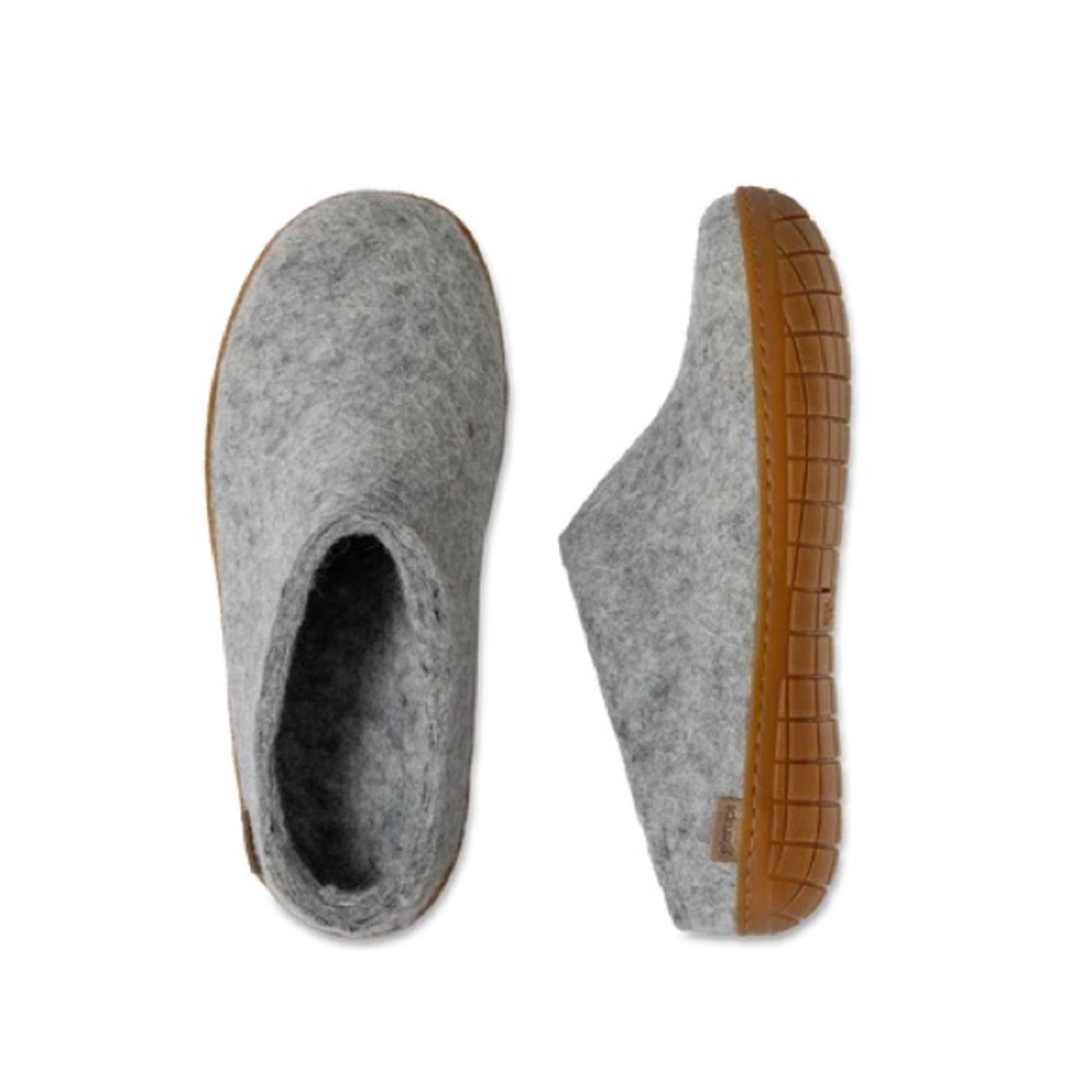 Glerups wool slip on slipper in grey with rubber sole